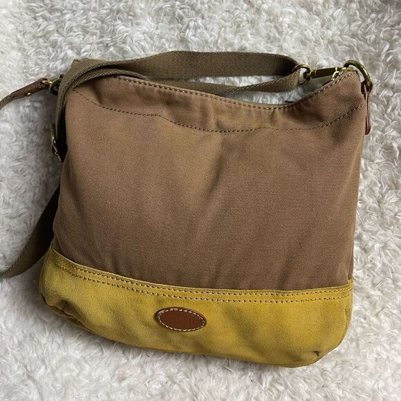 Fossil Brown canvas and yellow mustard suede medium shoulder/crossbody bag . - Picture 1 of 13